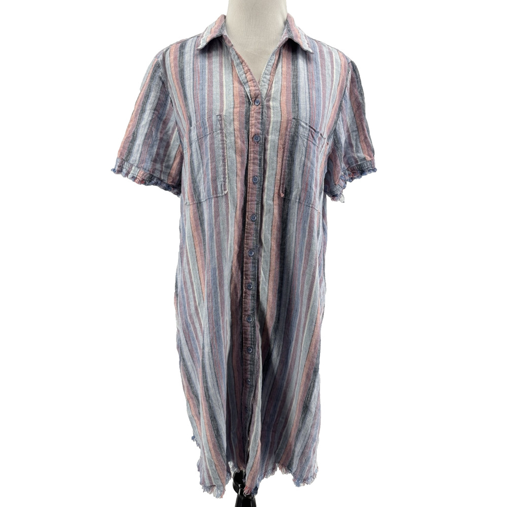 Cafe Marrakesh Women's Linen Blend Short Sleeve Fringe Hem Shirt Dress Large